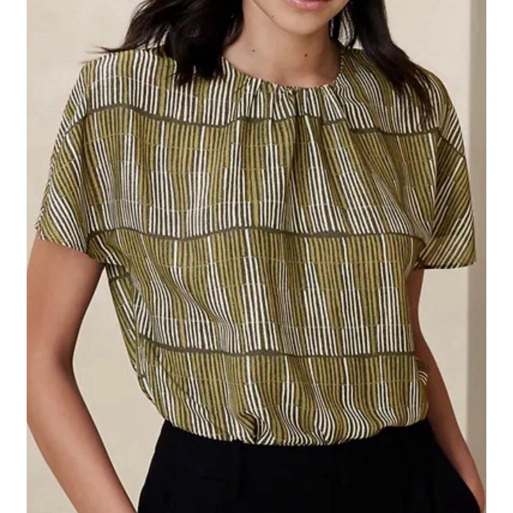 Banana Republic Olive Green Geometric Stripe Gathered Neck Blouse Small